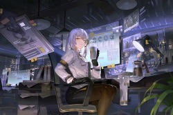 Rule 34 | 1girl, black gloves, black neckwear, black pantyhose, black skirt, book, breasts, brown eyes, building, chair, coffee pot, cup, gloves, grey hair, headset, holding, holding cup, id card, indoors, lamp, long hair, long sleeves, medium breasts, monitor, mug, necktie, night, office chair, original, pantyhose, paper, plant, potted plant, sawana, shirt, sitting, skirt, solo focus, steam, swivel chair, white shirt, window