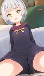 Rule 34 | :d, arm support, bed, bed sheet, black dress, blunt bangs, blush, blush stickers, book, brick wall, commentary request, convenient skirt, dot nose, dress, dutch angle, flat chest, from below, green eyes, grey hair, highres, indoors, komone ushio, light blush, looking at viewer, neck ribbon, open book, open mouth, original, pillow, purple sailor collar, ribbon, sailor collar, short hair, sitting, smile, solo, spread legs, thighs, uniform, v-shaped eyebrows, yellow ribbon