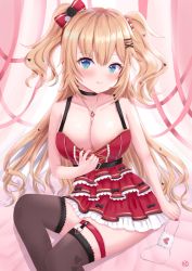 Rule 34 | 1girl, :q, akai haato, akai haato (gothic lolita), aqua eyes, blonde hair, blush, breasts, cleavage, clothes pull, dress, dress pull, eyepatch, hair ornament, hair ribbon, heart, heart-shaped pupils, heart hair ornament, highres, hololive, large breasts, long hair, looking at viewer, medical eyepatch, red dress, red ribbon, ribbon, smile, solo, symbol-shaped pupils, thighhighs, tongue, tongue out, two side up, uni ikura, virtual youtuber, x hair ornament