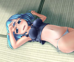 Rule 34 | 1girl, blue eyes, blue hair, blue panties, breasts, female focus, hair bobbles, hair ornament, impossible clothes, impossible shirt, kawashiro nitori, kusaba, kusaba (kusabashiki), lying, matching hair/eyes, navel, no pants, on back, open mouth, panties, shirt, short hair, short twintails, side-tie panties, solo, sweat, tank top, tatami, touhou, twintails, two side up, underwear, underwear only