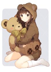 Rule 34 | 1girl, animal hood, blush, border, bow, braid, brown eyes, brown hair, brown hoodie, brown shorts, closed mouth, commentary request, full body, highres, hiiragi souren, hood, hood up, hoodie, long hair, long sleeves, looking at viewer, no shoes, hugging object, original, outside border, purple background, shorts, sidelocks, sitting, socks, solo, stuffed animal, stuffed toy, tareme, teddy bear, twintails, wariza, white border, white socks, yellow bow