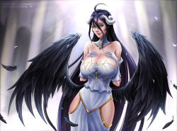 Rule 34 | 1girl, albedo (overlord), aramey, bare shoulders, black feathers, black hair, black wings, breast suppress, breasts, cleavage, demon girl, demon horns, detached collar, deviantart username, dress, feathered wings, feathers, gloves, hair between eyes, hands on own chest, highres, horns, indoors, jewelry, large breasts, long hair, looking at viewer, overlord (maruyama), ring, simple background, smile, solo, standing, very long hair, watermark, web address, white dress, white gloves, wings, yellow eyes