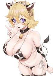 Rule 34 | 1girl, ahoge, animal print, bikini, blush, breasts, collar, collarbone, commentary request, cow print, hair between eyes, hair ornament, highres, legs together, looking at viewer, navel, neck bell, ompf, open mouth, print bikini, short hair, side-tie bikini bottom, simple background, smile, solo, swimsuit, thighhighs, upper body, white background