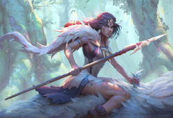 Rule 34 | 1girl, absurdres, blue eyes, boots, breasts, brown hair, cape, facepaint, forest, from side, fur cape, highres, holding, holding spear, holding weapon, kodama, lips, looking at viewer, mask, unworn mask, mononoke hime, nature, polearm, san (mononoke hime), short hair, small breasts, solo, spear, thighs, tyson murphy, weapon, white fur, wolf