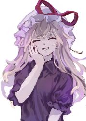 Rule 34 | 1girl, blonde hair, closed eyes, commentary request, dress, grin, hand on own face, hat, hat ribbon, highres, long hair, maribel hearn, mob cap, puffy short sleeves, puffy sleeves, purple dress, red ribbon, ribbon, short sleeves, smile, solo, taboo japan disentanglement, tarutsu, touhou, upper body, very long hair, white hat