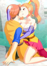 Rule 34 | 1boy, 1girl, arm around waist, bad id, bad pixiv id, bandana, bare shoulders, breasts, brown hair, chiaki yotsuba, cleavage, couple, dragon quest, dragon quest viii, eye contact, french kiss, hero (dq8), hetero, highres, jessica albert, kiss, large breasts, looking at another, orange hair, sitting, sitting on lap, sitting on person, skirt, twintails