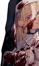 Rule 34 | 1girl, 8rk9, blonde hair, blood, blood on clothes, blood on face, close-up, commentary request, eyebrows hidden by hair, habit, hair between eyes, highres, long hair, looking at viewer, nijisanji, nun, partial commentary, portrait, sidelocks, simple background, sister claire, sister claire (1st costume), smile, solo, traditional nun, virtual youtuber, white background, yellow eyes