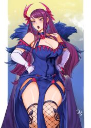 Rule 34 | 1girl, absurdres, bare shoulders, blue choker, blue dress, blush, breasts, choker, cleavage, commentary, deliciousbrain, dress, elbow gloves, feet out of frame, fire emblem, fire emblem engage, fishnet thighhighs, fishnets, gloves, hands on own hips, highres, ivy (fire emblem), large breasts, long hair, looking at viewer, mole, mole under mouth, nintendo, off-shoulder dress, off shoulder, open mouth, pelvic curtain, purple eyes, purple hair, short sleeves, solo, standing, thighhighs, thighs, very long hair, white gloves