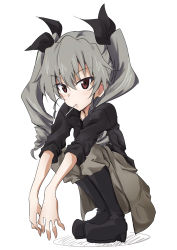 Rule 34 | 1girl, anchovy (girls und panzer), anzio military uniform, bad id, bad pixiv id, black footwear, black ribbon, boots, brown eyes, clothes around waist, collared shirt, commentary, drill hair, girls und panzer, green hair, grey pants, hair ribbon, highres, knee boots, long hair, looking at viewer, mouth hold, necktie, pants, pants tucked in, ribbon, shino (ten-m), shirt, simple background, sleeves rolled up, solo, squatting, twin drills, twintails, white background