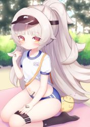 Rule 34 | 1girl, :&lt;, animal, azur lane, bird, black hat, black socks, blue buruma, blunt bangs, blurry, blurry background, blush, brown eyes, buruma, character name, chick, child, closed mouth, clothes lift, collarbone, commentary request, day, depth of field, grey hair, hand up, hat, heart, high ponytail, highres, kokone (coconeeeco), long hair, looking at viewer, manjuu (azur lane), name tag, navel, no shoes, outdoors, ponytail, ribbed legwear, seiza, shirt, shirt lift, short sleeves, sitting, socks, soles, solo, tree, very long hair, visor cap, whistle, whistle around neck, white shirt, z46 (azur lane)