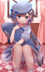 Rule 34 | 1girl, alternate costume, beret, blue bow, blue bowtie, blue dress, blue eyes, blue hair, blue hat, blush, bow, bowtie, collar, commentary request, dolphin girl, dress, embarrassed, frilled collar, frilled dress, frilled sleeves, frilled socks, frills, grey hair, hair bow, hat, hat bow, highres, hugging object, kemono friends, looking at viewer, mitorizu 02, multicolored hair, narwhal (kemono friends), puffy short sleeves, puffy sleeves, short hair, short hair with long locks, short sleeves, sidelocks, sitting, socks, solo, stuffed animal, stuffed toy, white socks