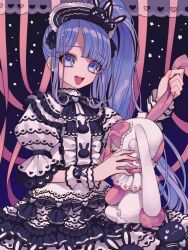 Rule 34 | 1girl, ao (ao0 0nemu), bad id, bad twitter id, black bow, blunt bangs, bow, center frills, commentary request, cowboy shot, dress, frilled dress, frilled sleeves, frills, hairband, hand up, holding, holding stuffed toy, lolita fashion, lolita hairband, long hair, looking at viewer, manaka non, open mouth, pretty series, pripara, puffy sleeves, purple eyes, purple hair, side ponytail, smile, solo, standing, stuffed animal, stuffed rabbit, stuffed toy, two-tone dress, very long hair, wrist cuffs