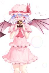 Rule 34 | 1girl, ascot, bat wings, blush, candy, chocolate, chocolate heart, covered mouth, dress, food, hair between eyes, hat, hat ribbon, heart, highres, light purple hair, looking to the side, mob cap, pink dress, puffy short sleeves, puffy sleeves, red eyes, red ribbon, remilia scarlet, ribbon, shiero., short hair, short sleeves, simple background, solo, touhou, valentine, white background, wings