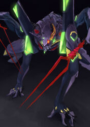 Rule 34 | black background, commentary request, eva 13, evangelion (mecha), extra arms, extra eyes, glowing, glowing eyes, horns, lance of longinus (evangelion), mecha, mecha focus, motida, neon genesis evangelion, neon lights, no humans, rebuild of evangelion, robot, science fiction, simple background, single horn, solo