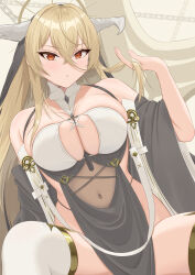 Rule 34 | 1girl, absurdres, azur lane, bare shoulders, between breasts, blonde hair, breast cutout, breasts, collarbone, covered navel, cowboy shot, fake horns, habit, highres, horns, implacable (azur lane), large breasts, long hair, looking at viewer, nun, orange eyes, pelvic curtain, revealing clothes, see-through, sitting, skindentation, solo, spread legs, strap between breasts, thighhighs, tyohensyoku, veil, very long hair, white horns, white thighhighs