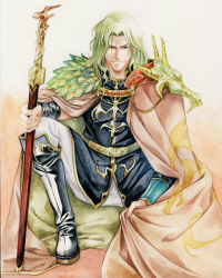 Rule 34 | 1boy, agahari, black coat, black footwear, cape, coat, fire emblem, fire emblem: genealogy of the holy war, green hair, holding, holding sword, holding weapon, long hair, looking at viewer, nintendo, pants, red cape, sitting, solo, sword, travant (fire emblem), two-tone cape, weapon, white pants