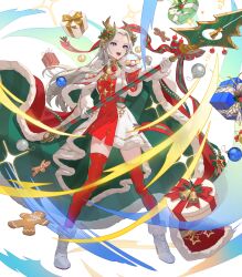 Rule 34 | 1girl, attack, blue eyes, cape, christmas ornaments, cookie, diamond print, dress, edelgard von hresvelg, edelgard von hresvelg (snowfall future), fake horns, fire emblem, fire emblem: three houses, fire emblem heroes, food, gift, gingerbread man, gloves, green cape, high heels, highres, holding, holding polearm, holding weapon, horns, long hair, multicolored clothes, multicolored dress, nintendo, non-web source, official alternate costume, official art, open mouth, polearm, red cape, red dress, red thighhighs, simple background, solo, teeth, teffish, thighhighs, upper teeth only, v-shaped eyebrows, weapon, white background, white dress, white footwear, white gloves, white hair