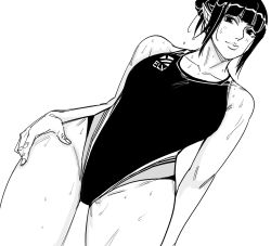 Rule 34 | 1girl, bare arms, bare shoulders, bb (baalbuddy), blunt bangs, closed mouth, competition swimsuit, cowboy shot, dutch angle, elf, fingernails, greyscale, hair bun, highres, looking at viewer, monochrome, one-piece swimsuit, original, pointy ears, simple background, smile, solo, standing, swimsuit, wet, white background