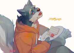 Rule 34 | 1boy, absurdres, animal ear fluff, animal ears, bara, barefoot, body fur, cake, cake slice, claws, colored sclera, dongbomu, eating, english text, food, food on face, furry, furry male, grey fur, grey sclera, happy birthday, highres, holding, holding food, holding plate, hood, hoodie, long sleeves, looking at viewer, male focus, orange eyes, orange hoodie, original, plate, red pupils, simple background, sitting, sleeves past wrists, solo, tail, thick eyebrows, tongue, tongue out, wariza, white background, wolf boy, wolf ears, wolf tail