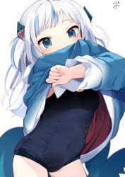 Rule 34 | 1girl, blue eyes, blue hair, blue hoodie, blue one-piece swimsuit, blurry, blurry background, blush, breasts, cameltoe, commentary, covered mouth, covered navel, cowboy shot, crossed arms, fins, fish tail, gawr gura, hair ornament, highres, hololive, hololive english, hood, hoodie, long hair, long sleeves, looking at viewer, multicolored hair, nejime, one-piece swimsuit, school swimsuit, shark hair ornament, shark tail, short twintails, signature, silver hair, simple background, small breasts, solo, standing, streaked hair, swimsuit, tail, twintails, two-tone hair, two side up, undressing, virtual youtuber, white background