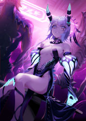 Rule 34 | 1girl, 2others, bare shoulders, black gloves, black leotard, blue eyes, blue gloves, blue hair, breasts, commentary request, elbow gloves, feet out of frame, glasses, gloves, glowing, grin, groin, highres, holding, horns, leotard, long hair, looking at viewer, medium breasts, monster, multiple others, navel, neon lights, original, parted lips, round eyewear, sitting, smile, solo focus, soupchan, very long hair