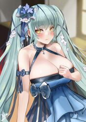 Rule 34 | 1girl, absurdres, aqua hair, bare shoulders, blue dress, blue hair, blush, breasts, cleavage, collarbone, dress, embarrassed, flower, frown, goddess of victory: nikke, hair flower, hair ornament, hair ribbon, highres, huge breasts, large breasts, light blue hair, long hair, looking at viewer, official alternate costume, privaty (banquet princess) (nikke), privaty (nikke), ribbon, solo, twintails, very long hair, yellow eyes, yuka 1503