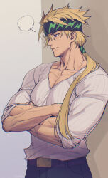 1boy against_wall blonde_hair closed_mouth collarbone cowboy_shot crossed_arms fate/grand_order fate_(series) gradient_background grey_background grey_eyes hair_tubes headband leaning long_hair low_ponytail male_focus muscular muscular_male pants pectorals ponytail sakata_kintoki_(all_the_way_bang)_(fate) sakata_kintoki_(fate) shirt single_hair_tube solo two-tone_headband zanshi