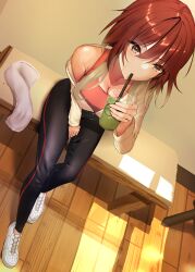 Rule 34 | 1girl, absurdres, aketa mikoto, breasts, brown hair, cleavage, cup, disposable cup, drinking, dutch angle, highres, holding, holding cup, idolmaster, idolmaster shiny colors, jacket, jacket partially removed, looking afar, ma azi, medium breasts, multicolored eyes, orange sports bra, pants, partially unzipped, shoes, single bare shoulder, sitting, sneakers, solo, sports bra, sweatdrop, towel, white jacket, wooden floor, yoga pants