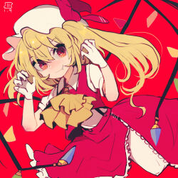 Rule 34 | 1girl, ascot, blonde hair, closed mouth, collared shirt, cowboy shot, dated, fang, fang out, flandre scarlet, hair between eyes, hat, long hair, looking at viewer, maaru (akira428), mob cap, multicolored wings, one-hour drawing challenge, one side up, red background, red eyes, red skirt, red theme, red vest, shirt, short sleeves, simple background, skirt, smile, solo, suspender skirt, suspenders, touhou, vest, white hat, white shirt, wings, yellow ascot, zipper, zipper pull tab, zipper skirt