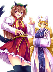 Rule 34 | 2girls, adapted costume, aged up, alternate eye color, animal ears, azusayumi meme, bad id, bad pixiv id, black legwear, blonde hair, brown hair, cat, cat ears, cat tail, chen, detached sleeves, dress, earrings, fang, female focus, fox, fox tail, green eyes, hands in opposite sleeves, hat, highres, jewelry, long hair, multiple girls, multiple tails, open mouth, purple eyes, short hair, simple background, skirt, skirt set, smile, tabard, tail, thighhighs, touhou, white background, yakumo ran