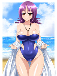 Rule 34 | 1girl, beach, between breasts, blue one-piece swimsuit, blue sky, breasts, brown eyes, cleavage, cloud, cloudy sky, coat, creatures (company), curvy, day, female focus, game freak, gold ring, highres, jewelry, lab coat, large breasts, looking at viewer, necklace, nintendo, ocean, one-piece swimsuit, philena ivy, pokemon, pokemon (anime), pokemon (classic anime), purple hair, ring, ring necklace, shiny skin, shiny swimsuit, sky, smile, solo, spiked hair, swimsuit, water, yensh