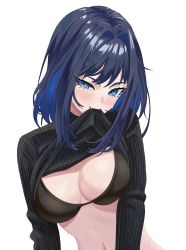 Rule 34 | 1girl, absurdres, black bra, black sweater, blue eyes, blue hair, blush, bra, breasts, cleavage, fangs, hair intakes, highres, hololive, hololive english, in mouth, looking at viewer, medium breasts, navel, ouro kronii, ribbed sweater, solo, sweat, sweater, underwear, upper body, virtual youtuber, white background, zeon (zzeeonn)