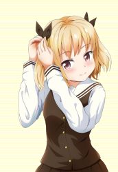 Rule 34 | 1girl, adjusting hair, arms up, blonde hair, blush, brown ribbon, brown skirt, brown vest, collared shirt, commentary request, hair ribbon, hands in hair, iijima yun, long sleeves, looking to the side, nekopantsu (naanashinozaki), new game!, pleated skirt, purple eyes, ribbon, school uniform, shirt, skirt, smile, solo, striped, striped background, tsurime, two side up, upper body, vest, white shirt