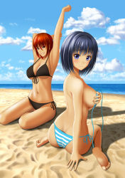 Rule 34 | 2girls, arms up, ass, back, bare back, barefoot, beach, bikini, black hair, blue eyes, blue hair, blush, breasts, brown eyes, butt crack, cloud, day, feet, from behind, front-tie top, frown, highres, itoguchi (manma melon), large breasts, looking at viewer, looking back, manma melon, multiple girls, navel, original, outdoors, red eyes, red hair, sand, short hair, side-tie bikini bottom, sideboob, sitting, sky, smile, soles, stretching, striped bikini, striped clothes, swimsuit, toes, untied, wariza, yokozuwari