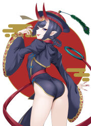 Rule 34 | 1girl, absurdres, ass, back, black dress, black hat, braid, breasts, china dress, chinese clothes, dress, eyeliner, fate/grand order, fate (series), frills, hair rings, hat, highres, horns, jiangshi, long sleeves, looking at viewer, looking back, makeup, ofuda, oni, peacock feathers, pelvic curtain, pointy ears, purple eyes, purple hair, qingdai guanmao, short hair, shuten douji (fate), shuten douji (festival outfit) (fate), skin-covered horns, small breasts, smile, solo, talisman, thighs, tongue, tongue out, twin braids, wide sleeves, yamachi (xadp7533)