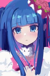 Rule 34 | 1girl, :&lt;, blue eyes, blue hair, blunt bangs, choker, closed mouth, commentary, dress, flower, furudo erika, hair flower, hair ornament, highres, light blush, long hair, looking at viewer, nyandisk, pink background, pink flower, pink ribbon, ribbon, sidelocks, simple background, single tear, solo, symbol-only commentary, twintails, umineko no naku koro ni, upper body, very long hair, white choker, white dress