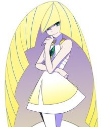 Rule 34 | 1girl, bare arms, bare shoulders, blonde hair, blue hair, blunt bangs, closed mouth, creatures (company), diamond (shape), dress, empty eyes, game freak, gem, green eyes, hair over one eye, hand to own mouth, leggings, long hair, looking at viewer, lowres, lusamine (pokemon), multicolored hair, nintendo, ns-0312, pokemon, pokemon sm, see-through, short dress, simple background, sleeveless, sleeveless dress, smile, solo, standing, streaked hair, turtleneck, very long hair, white background, white dress