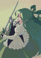 Rule 34 | 1girl, bow, bridal gauntlets, collar, cross, dress, fia (riviera), frills, from above, green bow, green eyes, green hair, hair bow, half updo, holding, holding cross, holding sword, holding weapon, juliet sleeves, long sleeves, looking at viewer, looking to the side, parted bangs, puffy sleeves, riviera, sidelocks, solo, sword, vaison, weapon