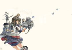 Rule 34 | 1girl, ;(, black gloves, black hair, blue skirt, braid, brown eyes, cannon, cowboy shot, depth charge, depth charge projector, fairy (kancolle), from behind, gloves, highres, isonami (kancolle), kantai collection, long hair, machinery, nogiguchi kohiro, pleated skirt, rigging, school uniform, serafuku, sidelocks, simple background, skirt, turret, twin braids, white background
