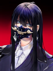 Rule 34 | 1girl, black hair, collared shirt, earrings, jewelry, long hair, mask, mouth mask, multicolored eyes, necktie, path to nowhere, rahu (path to nowhere), shirt, toase15a, white necktie
