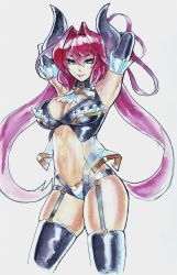 Rule 34 | 1girl, armpits, arms up, bare shoulders, black thighhighs, blue eyes, breasts, cleavage, demon horns, eu03, frills, garter straps, hair intakes, highres, horns, large breasts, long hair, navel, original, painting (medium), red hair, revealing clothes, see-through, smile, solo, thighhighs, traditional media, tsunoko, watercolor (medium)