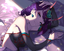 Rule 34 | 1girl, bare shoulders, breasts, chinese clothes, choker, detached sleeves, dudou, earrings, essual (layer world), eyelashes, eyeliner, fate/grand order, fate (series), hair ornament, hikimayu, horns, jewelry, long hair, lying, makeup, on side, oni, ponytail, purple eyes, purple hair, shuten douji (fate), shuten douji (halloween caster) (fate), smile, solo