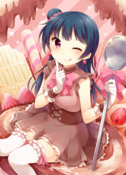Rule 34 | 10s, 1girl, blue hair, bow, bowtie, diagonal stripes, dress, earrings, finger to cheek, food, food-themed earrings, food themed earrings, frilled thighhighs, frills, gloves, hair bun, hair ornament, hair scrunchie, hazuki (sutasuta), heart, highres, jewelry, lace, lace-trimmed dress, lace trim, licking lips, long hair, looking at viewer, love live!, love live! sunshine!!, one eye closed, oversized object, pink bow, pink bowtie, pocky, purple eyes, scrunchie, side bun, single side bun, sitting, sitting on food, smile, solo, spoon, strawberry earrings, striped, sweets, thighhighs, tongue, tongue out, tsushima yoshiko, white thighhighs
