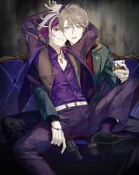Rule 34 | 2boys, :d, absurdres, arms up, belt, belt buckle, black footwear, black jacket, blue eyes, brown hair, brown vest, buckle, collared shirt, commentary request, couch, cup, dress shirt, drink, drinking glass, fuwa minato, grey hair, gun, hair between eyes, handgun, highres, holding, holding cup, holding gun, holding weapon, jacket, jh, kaida haru, long sleeves, looking at viewer, male focus, multicolored hair, multiple boys, nijisanji, on couch, open clothes, open jacket, open mouth, pants, parted lips, purple eyes, purple hair, purple jacket, purple legwear, purple pants, purple shirt, red hair, revolver, shirt, shoes, sitting, sitting on lap, sitting on person, smile, socks, streaked hair, striped clothes, striped vest, vertical-striped clothes, vertical-striped vest, vest, virtual youtuber, weapon, white belt