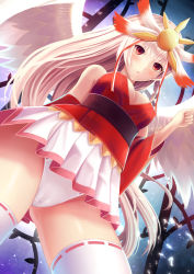 Rule 34 | 1girl, angel wings, arm behind back, bad id, bad pixiv id, bare shoulders, beatmania, beatmania iidx, bemani, blonde hair, blush, breasts, cleavage, clenched hand, cowboy shot, crotch, detached sleeves, forehead protector, from below, houou rinka, long hair, looking at viewer, looking down, megimegyo, microskirt, open mouth, outdoors, panties, pantyshot, pleated skirt, red eyes, ribbon-trimmed legwear, ribbon trim, skindentation, skirt, solo, standing, thighhighs, underwear, upskirt, very long hair, white panties, white thighhighs, wide sleeves, wings