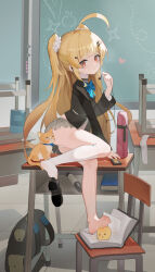 Rule 34 | 1girl, absurdres, ahoge, azur lane, barefoot, black footwear, black jacket, blonde hair, blue bow, blunt bangs, bow, cat, chair, chinese commentary, classroom, closed mouth, commentary request, desk, dot mouth, earphones, eldridge (azur lane), grey skirt, hair ornament, hair scrunchie, hairpin, heart stickers, highres, holding, holding earphones, indoors, jacket, kele mimi, kneehighs, legs, long hair, long sleeves, looking at viewer, manjuu (azur lane), no shoes, on desk, open clothes, open jacket, orange cat, panties, pantyshot, pleated skirt, red eyes, school chair, school desk, scrunchie, shirt, shoe dangle, shoes, unworn shoes, sidelocks, single sock, skirt, socks, soles, solo, stepped on, toes, two side up, underwear, very long hair, white panties, white shirt, white socks, wide sleeves