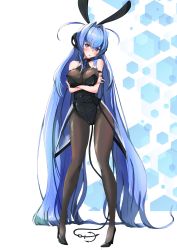 Rule 34 | 1girl, absurdly long hair, absurdres, anchor ornament, animal ears, azur lane, black leotard, blue hair, bodystocking, cleavage, covered navel, crossed arms, fake animal ears, headgear, highres, leotard, long hair, looking at viewer, new jersey (azur lane), new jersey (exhilarating steps!) (azur lane), official alternate costume, p.i.t.d, pantyhose, playboy bunny, rabbit ears, see-through, see-through cleavage, solo, very long hair, white background