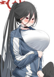 Rule 34 | 1girl, black hair, black wings, blue archive, blush, breasts, choker, closed mouth, feathered wings, hair between eyes, halo, hasumi (blue archive), hasumi (track) (blue archive), heavy breathing, highres, huge breasts, inconvenient breasts, large breasts, long hair, looking to the side, low wings, official alternate costume, partially unzipped, pout, red eyes, shirt, simple background, sleeves past wrists, solo, sweatdrop, trembling, upper body, v-shaped eyebrows, very long hair, white shirt, wings, yue (show-ei), zipper