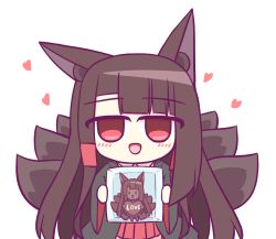 Rule 34 | 1girl, akagi (azur lane), animal ear fluff, animal ears, azur lane, black kimono, brown hair, brown tail, candy, chibi, chocolate, chocolate heart, food, fox ears, heart, holding, holding chocolate, holding food, japanese clothes, kashimu, kimono, long hair, looking at viewer, multiple tails, open mouth, red eyes, red skirt, simple background, skirt, solo, tail, valentine, white background, wide sleeves