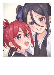 Rule 34 | 2girls, :d, abarai ichika, absurdres, black hair, bleach, bleach: epilogue, blue ribbon, blush, close-up, commentary, double-parted bangs, eyelashes, grey background, grin, hair between eyes, hair ribbon, happy, high ponytail, highres, kuchiki rukia, lips, long hair, looking at viewer, mother and daughter, multiple girls, open mouth, photo (object), purple eyes, red hair, ribbon, rinner373, short eyebrows, short hair, side ponytail, simple background, smile, spoilers, teeth, tsurime, twitter username, upper body, upper teeth only, white background